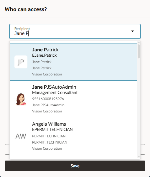 Workers LOV Used for Recipient Attribute in Share Data Access, Displaying Search Configuration on Mobile Device with attributes in a list