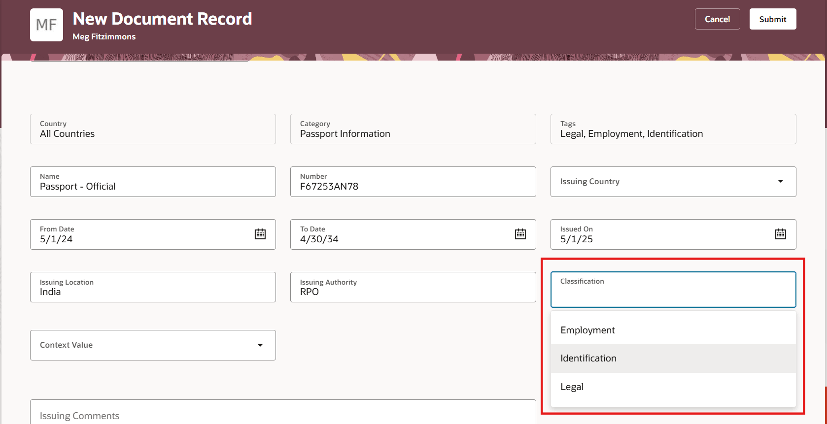 Classification of Document Record