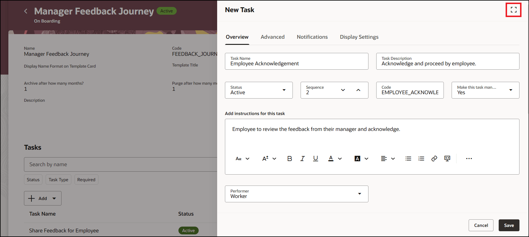 Maximize Icon on New Task Panel Drawer