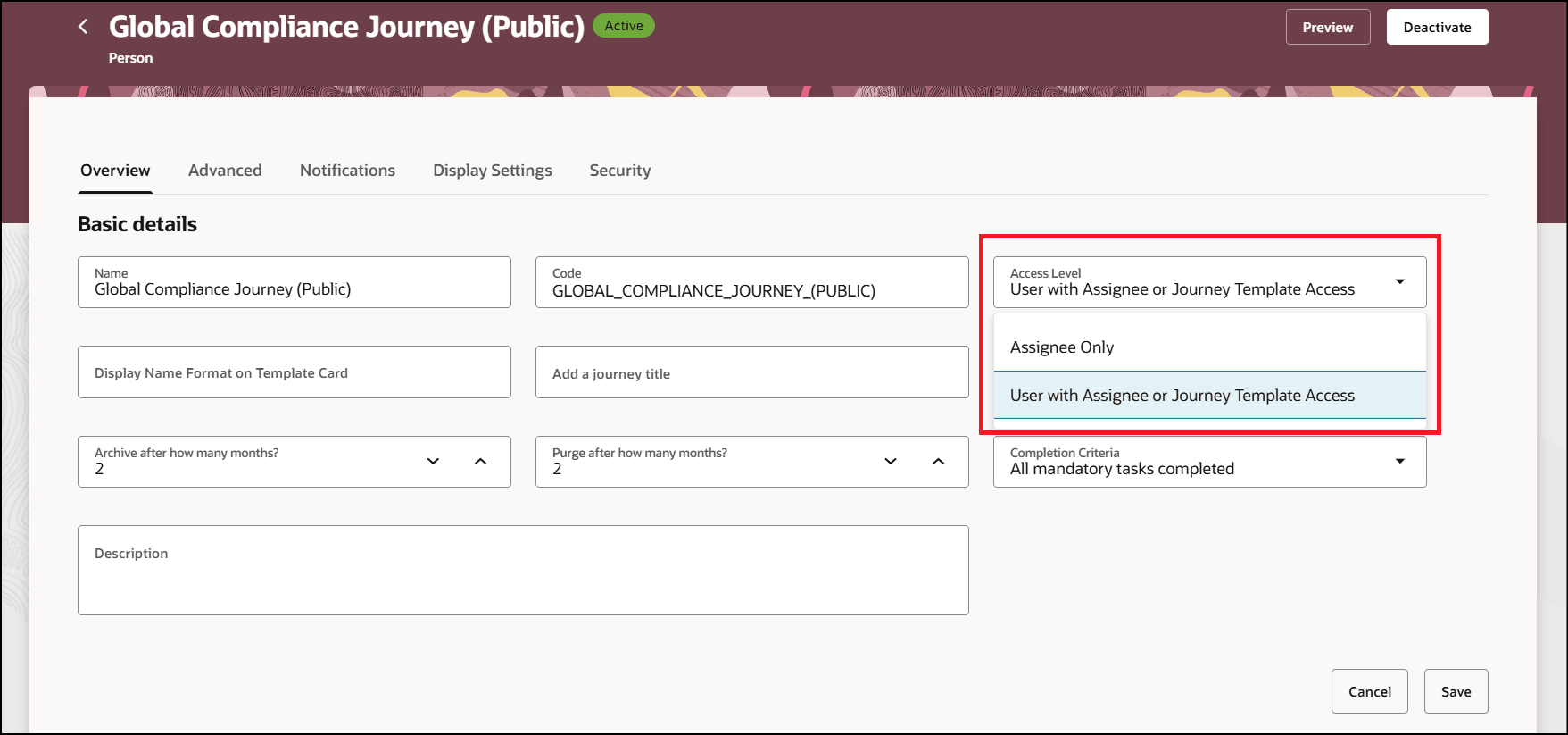 Access Level Configured as User with Assignee or Journey Template Access (Public Journey)