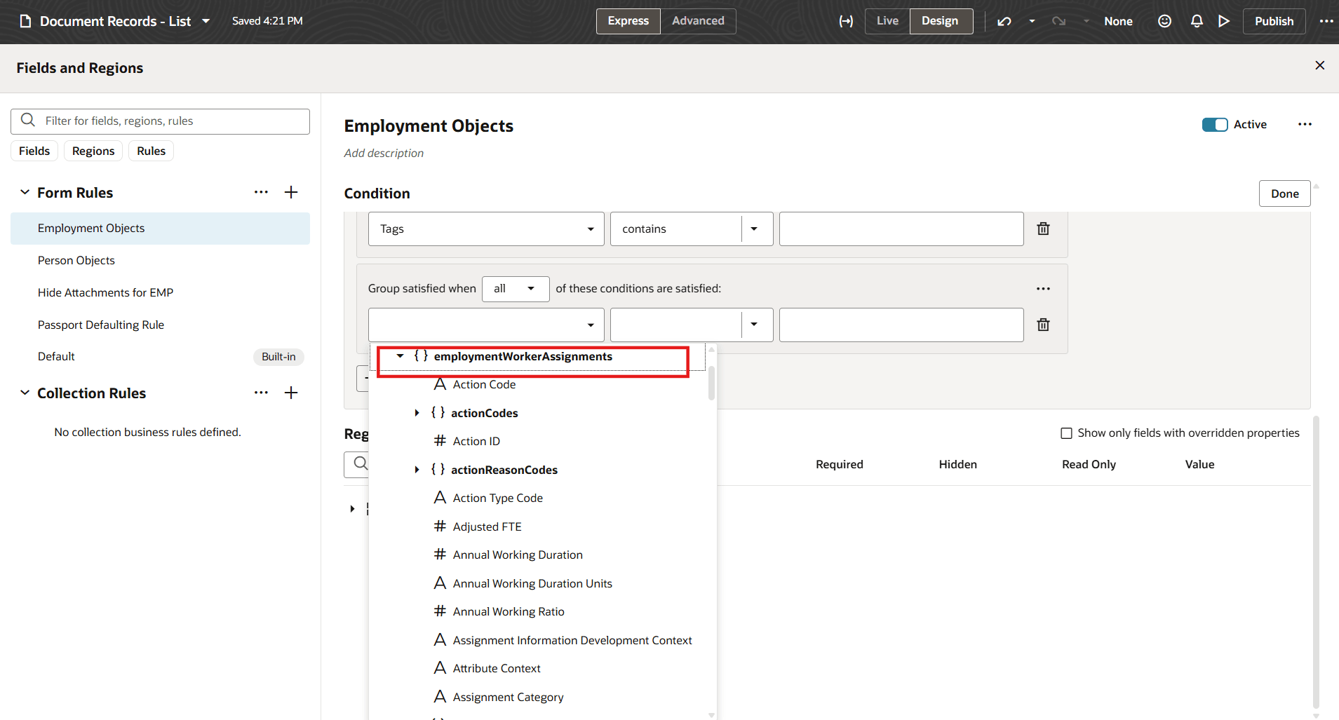 Employment Worker Assignment Objects Available for Business Rule Configuration in Document Records
