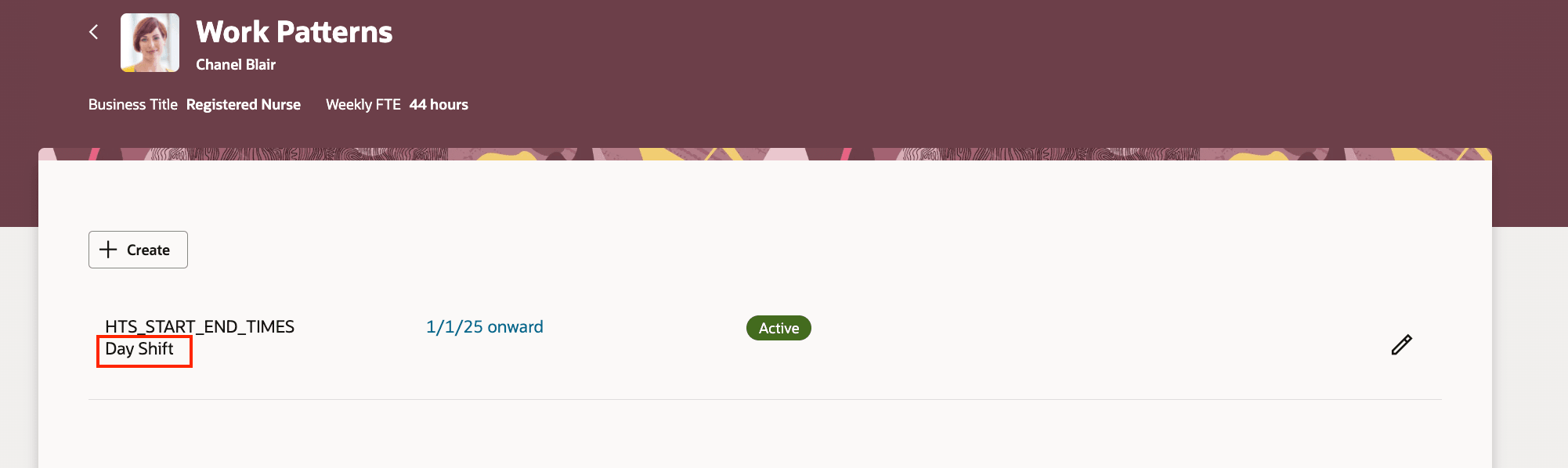  Work Patterns Page Showing the Work Pattern Name