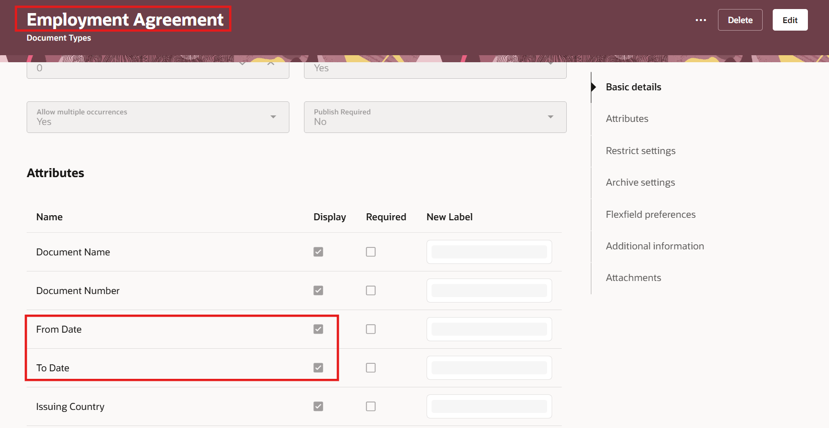 Configuration on Redwood Document Type Page