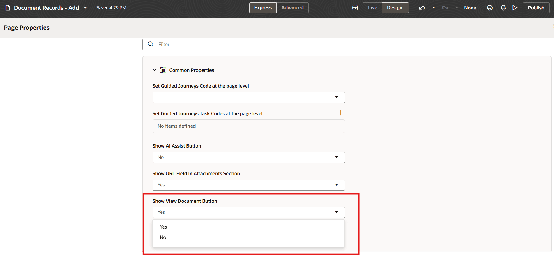 Values for Show View Document Button Property