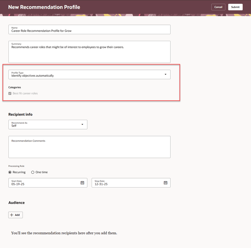 Recommendation profile for best fit career roles