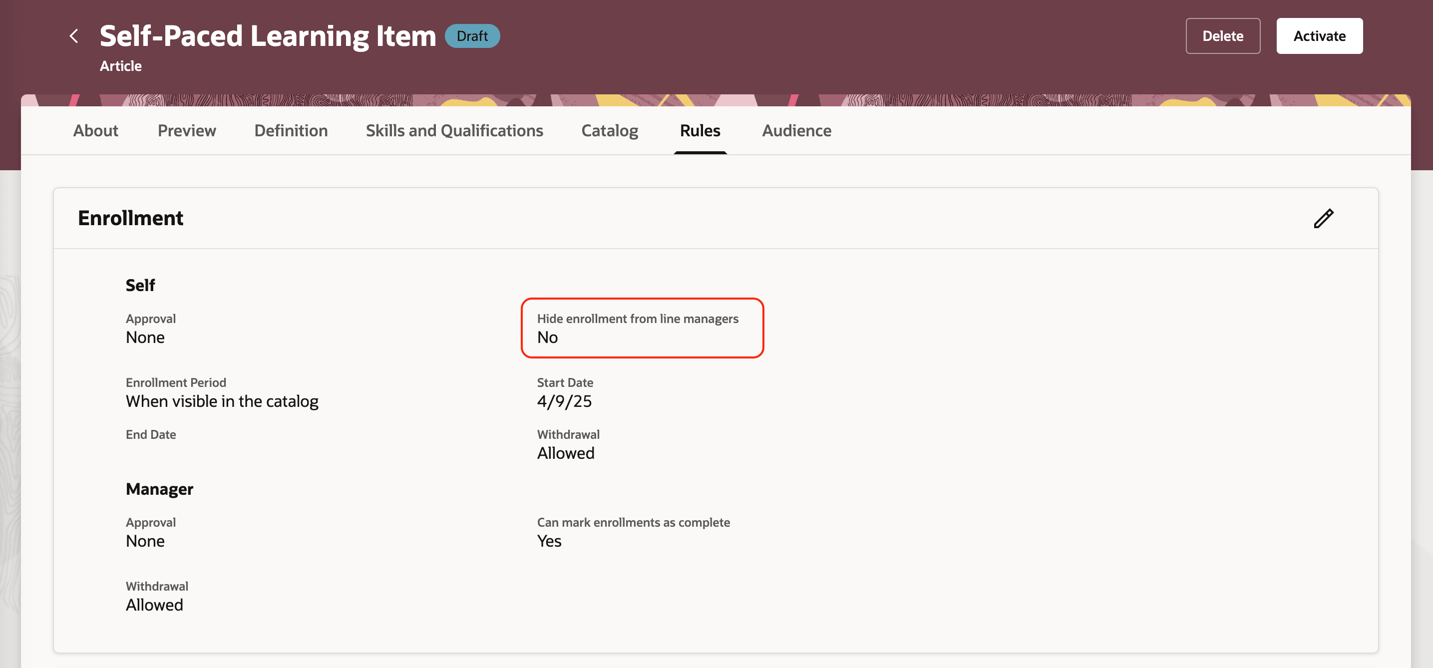 Self-Paced Learning Item with Hide Enrollment from Line Managers Set to No