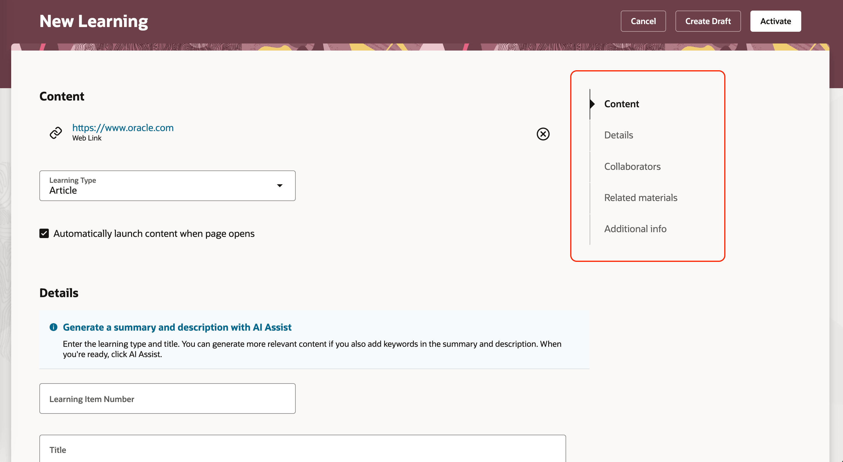 New Learning Page Showing the Navigation Anchors