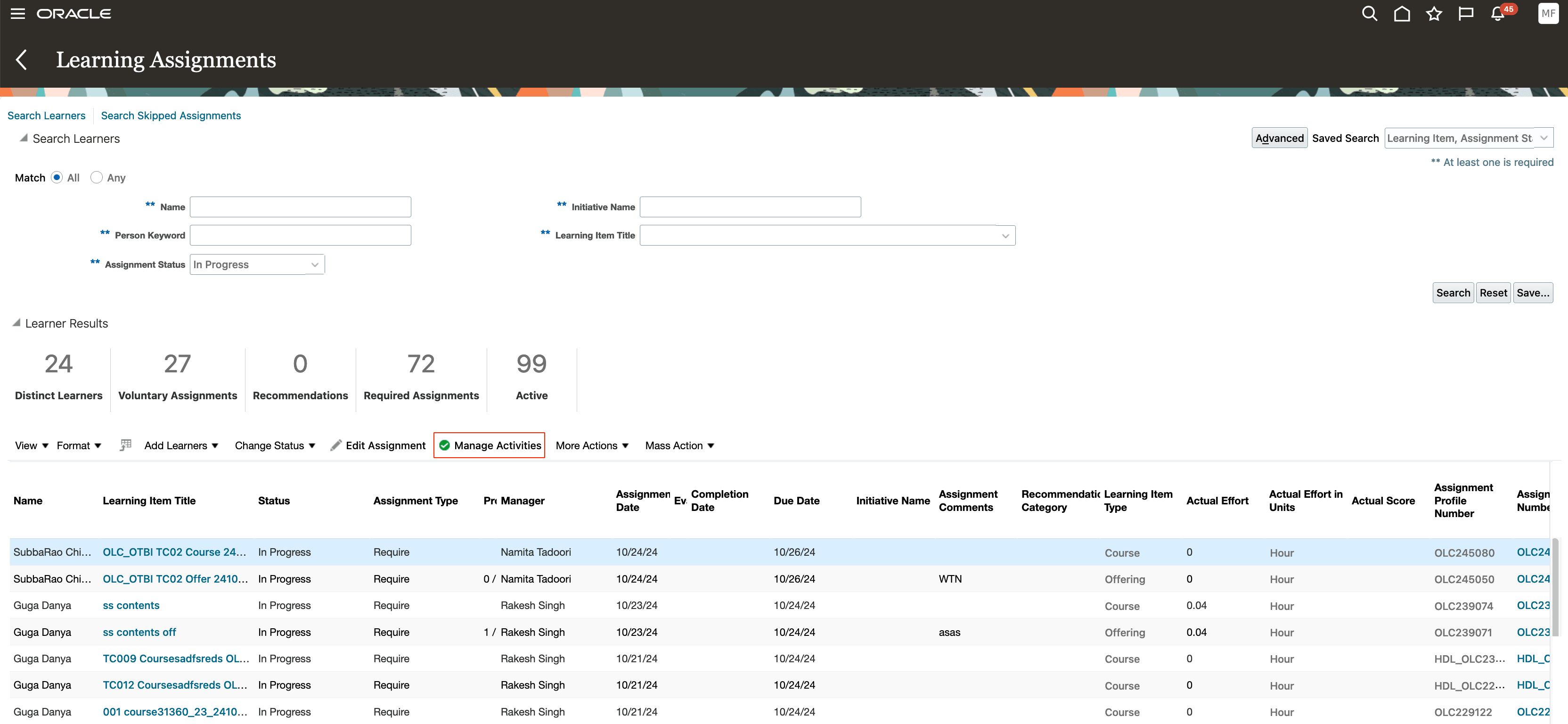 Learning Assignments Page with the Manage Activities Action Highlighted