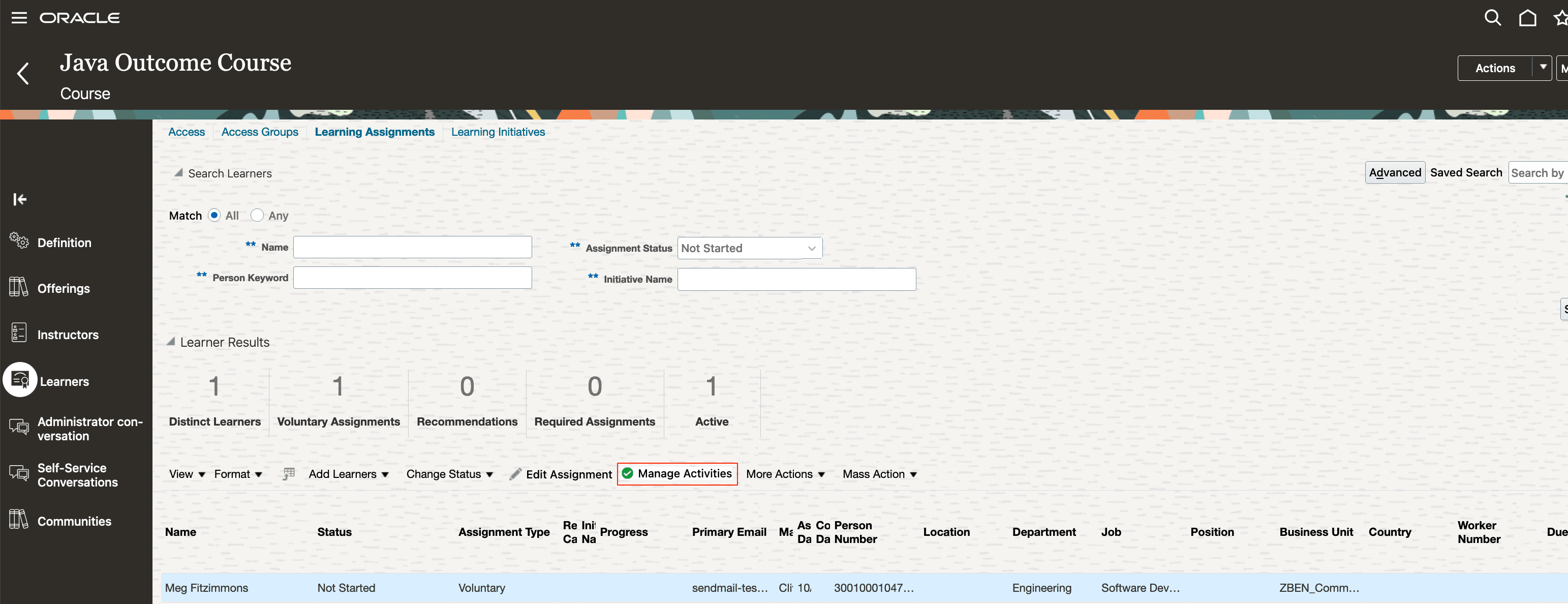 Learners Tab of a Course Details Page with the Manage Activities Action Highlighted