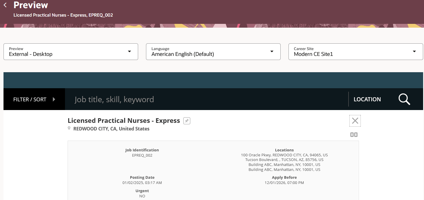 Preview Job Requisition: External - Desktop View