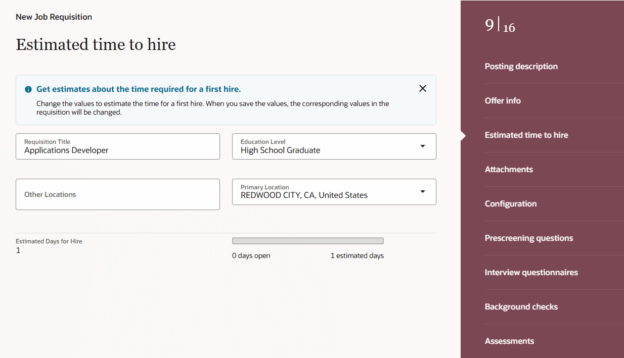 Estimated Time to Hire Section in New Job Requisition Flow