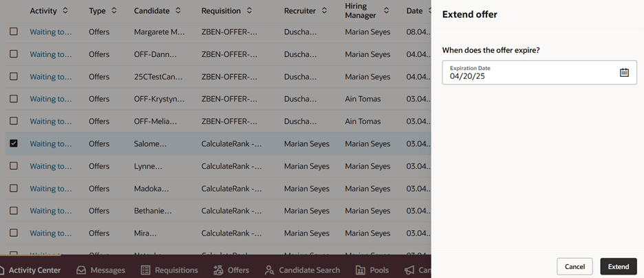 Extend Offer from Activity Center Page