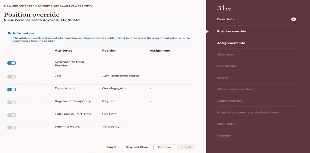 Position Override Section in the New Job Offer Flow