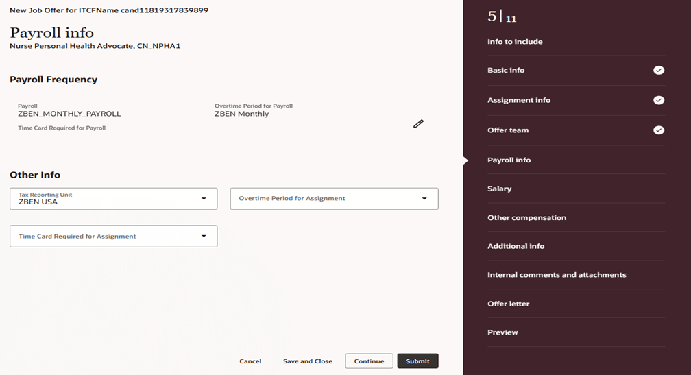 Payroll Info Section in the New Job Offer Flow