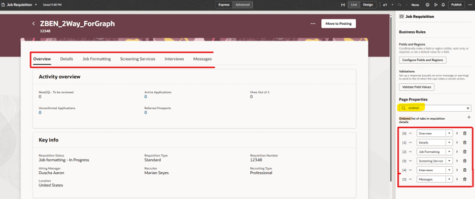Job Requisition Page Properties in Visual Builder Studio