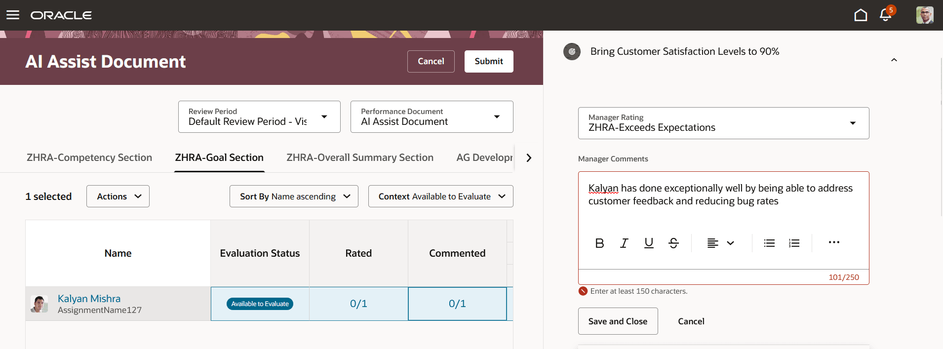 This image illustrates the All-in-One-Evaluation page with the goal comments field highlighted for the character limit.