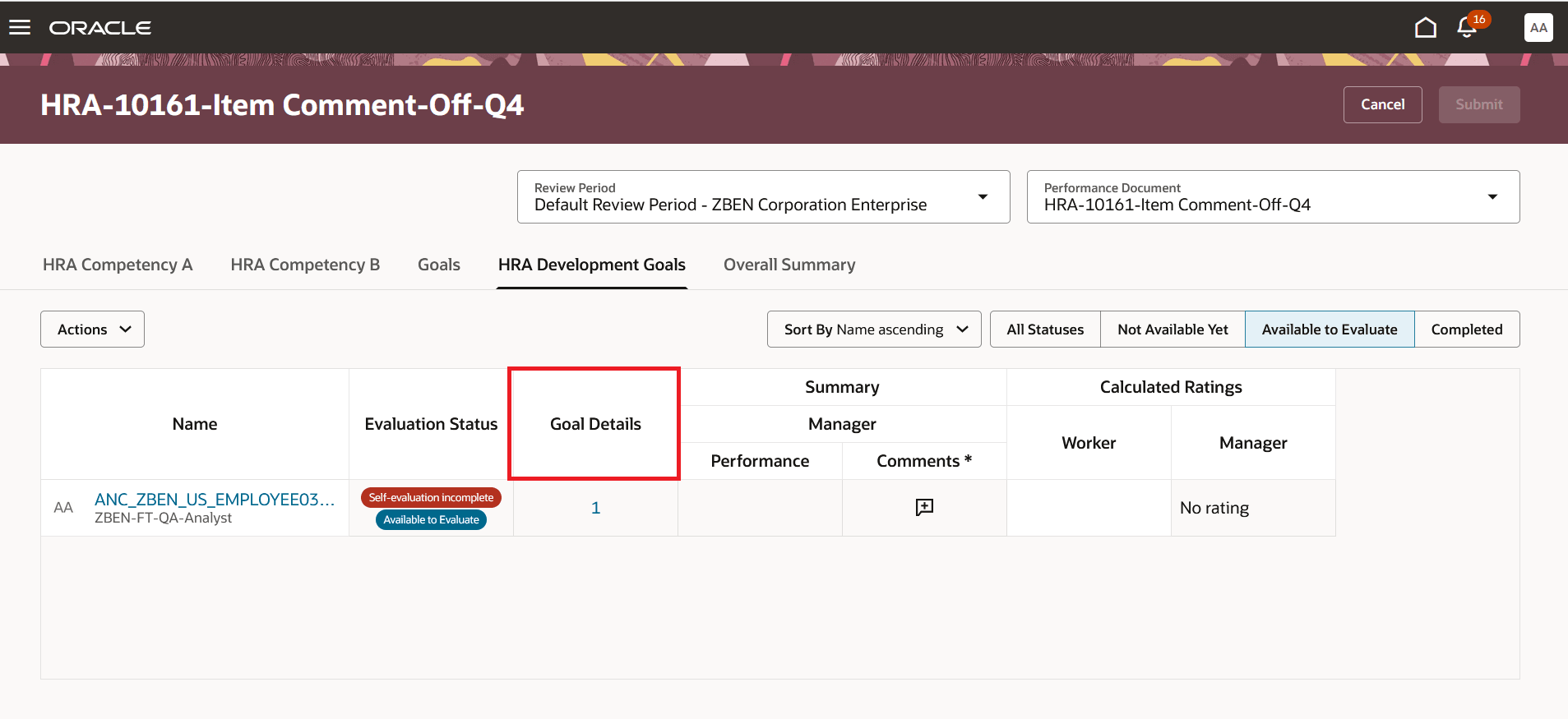 This image illustrates the All-in-One-Evaluation page with the Goal Details column highlighted.