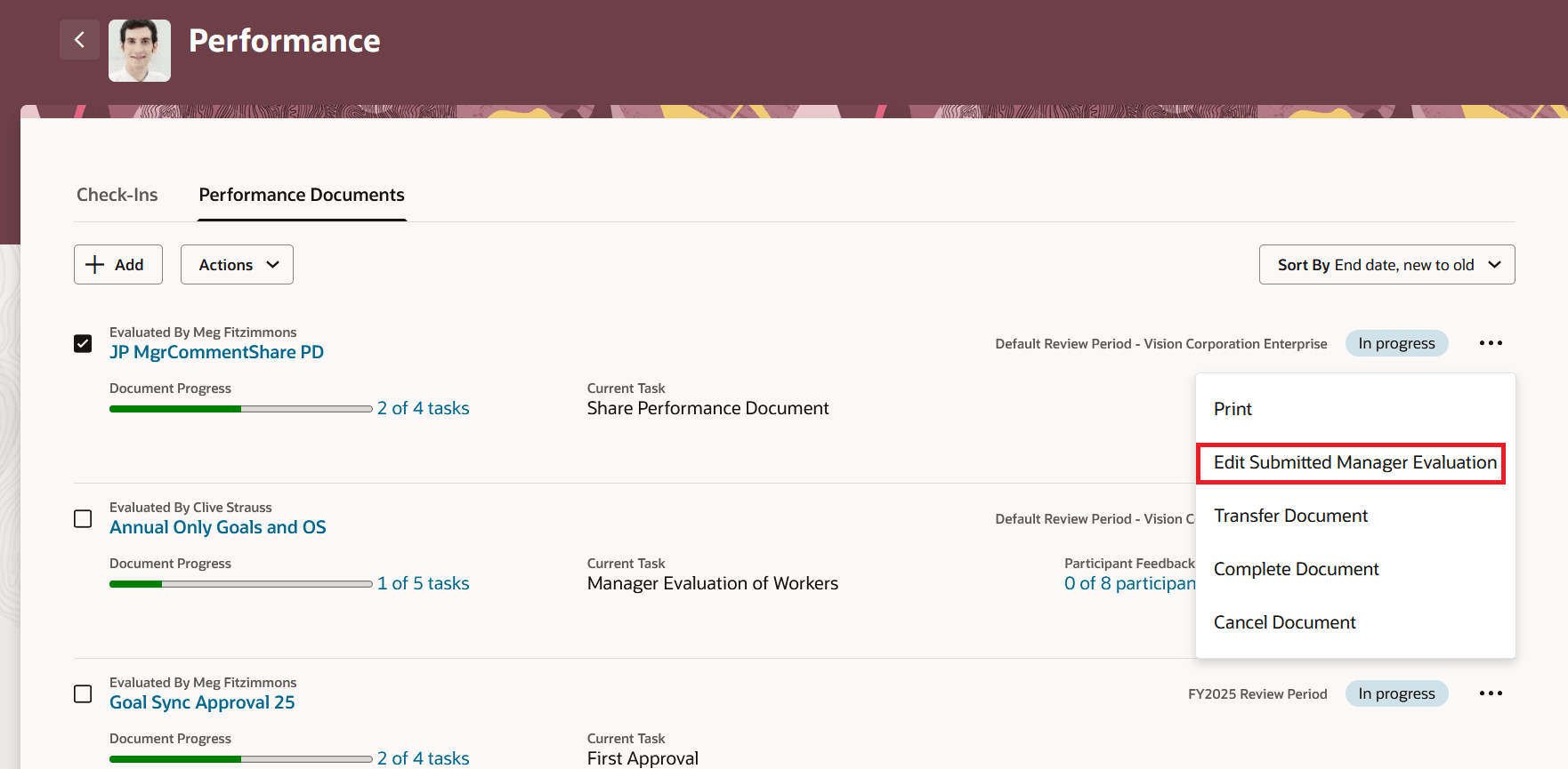 This image illustrates the Performance Spotlight page with the Edit Submitted Manager Evaluation action highlighted for a row.