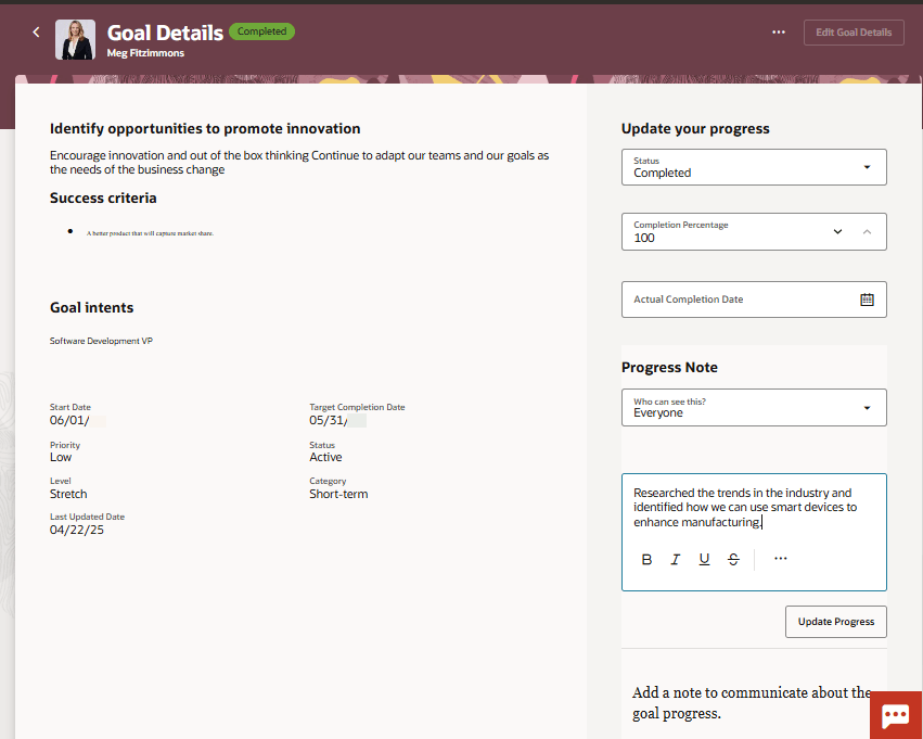 Goal Details page showing the progress information of a development goal