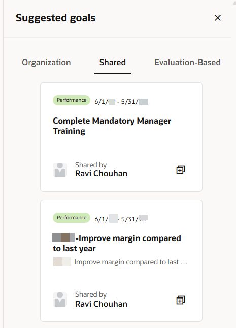Goal cards listed in the Shared tab of the Suggested goals panel