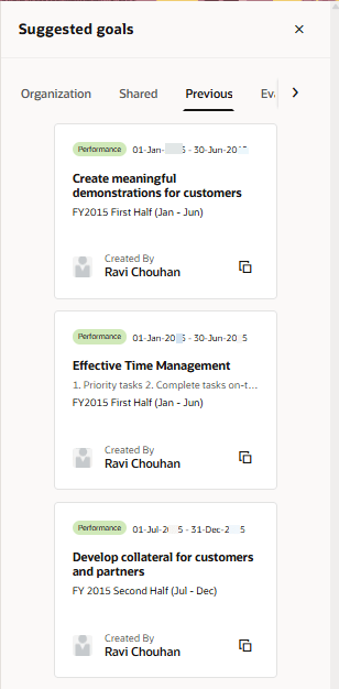 Previous tab of the Suggested goals panel