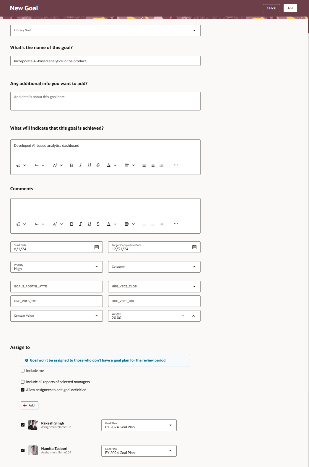 New Goal page