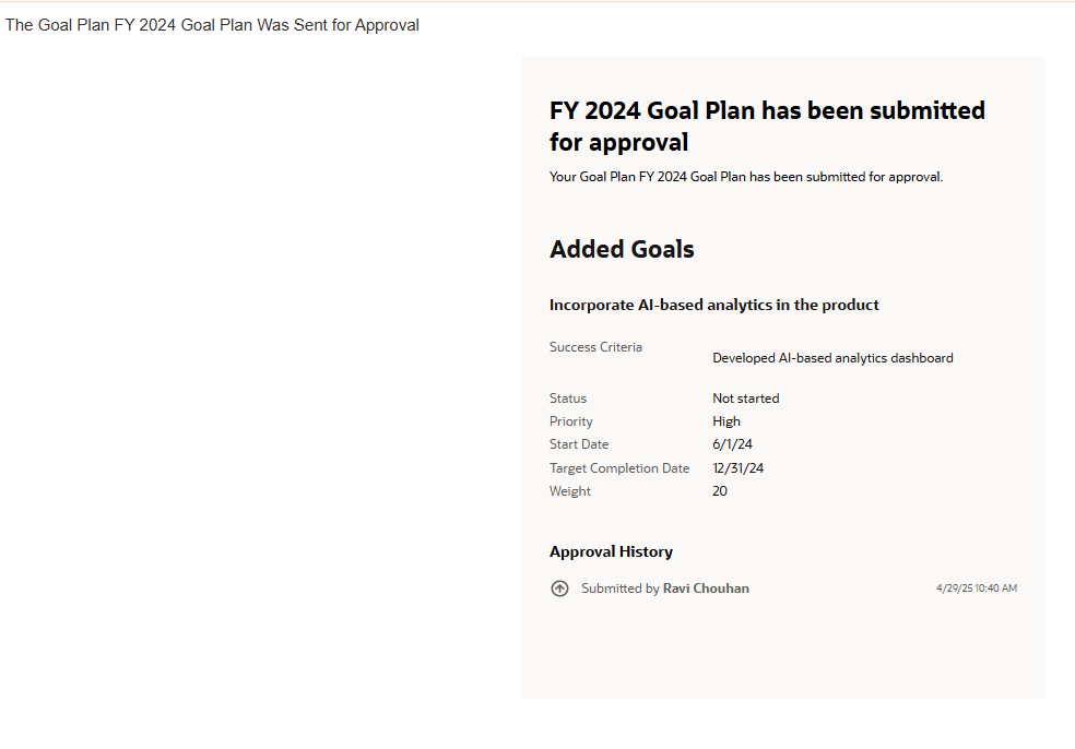Goal plan submitted for approval notification with assigned goal details