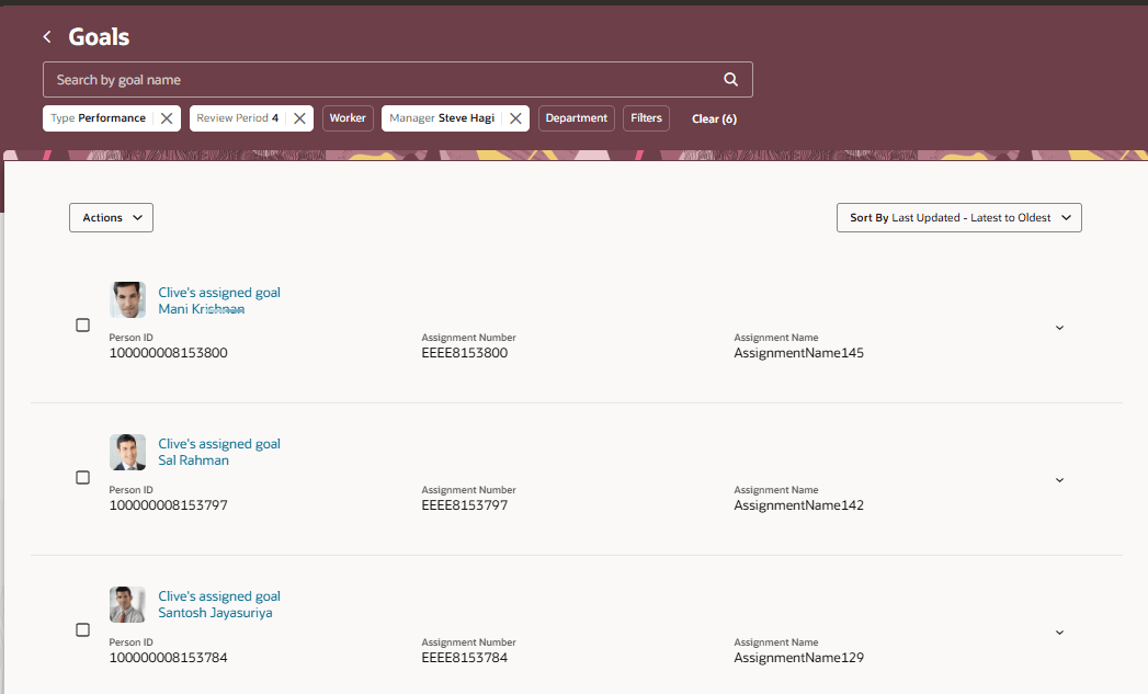 Goals Page with filters applied to show performance goals