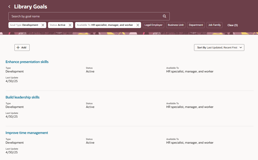 Library Goals page with filters applied to show active development library goals available to HR specialist, manager, and worker