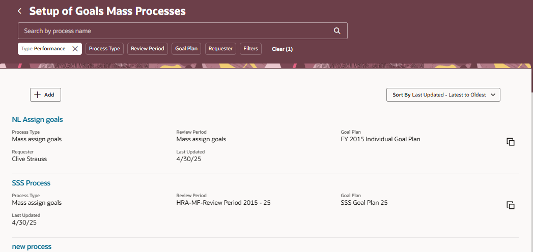 Setup of Goals Mass Processes page with Performance filter applied