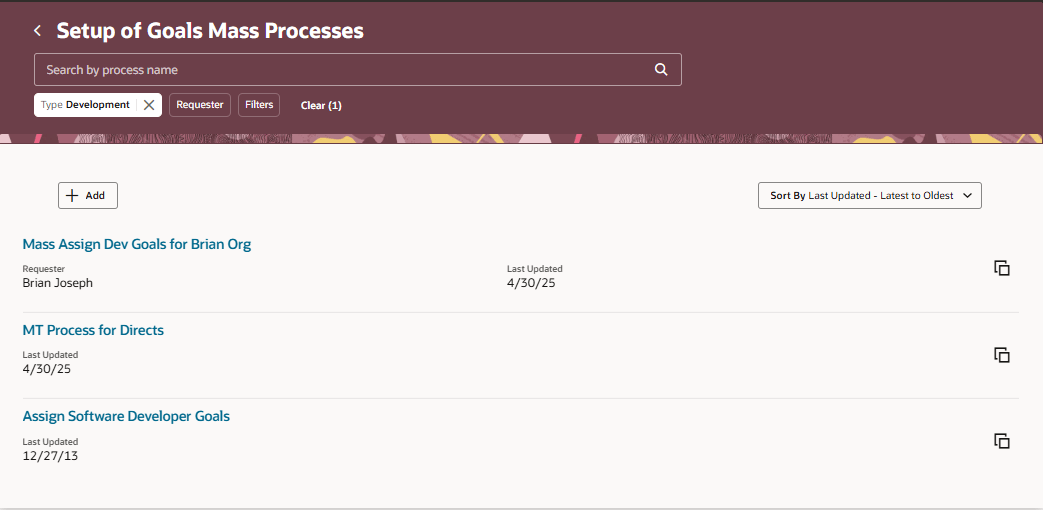 Setup of Goals Mass Processes page with Development filter applied
