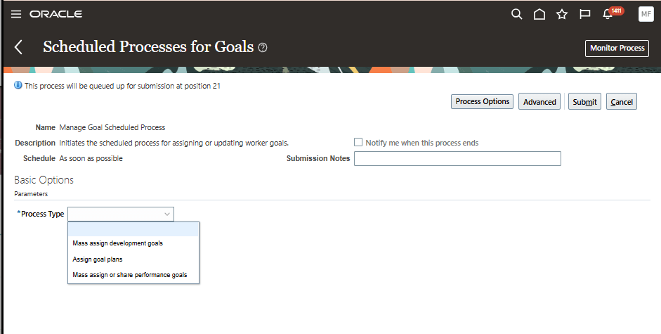 Scheduled Processes for Goals page showing both performance and development goal processes