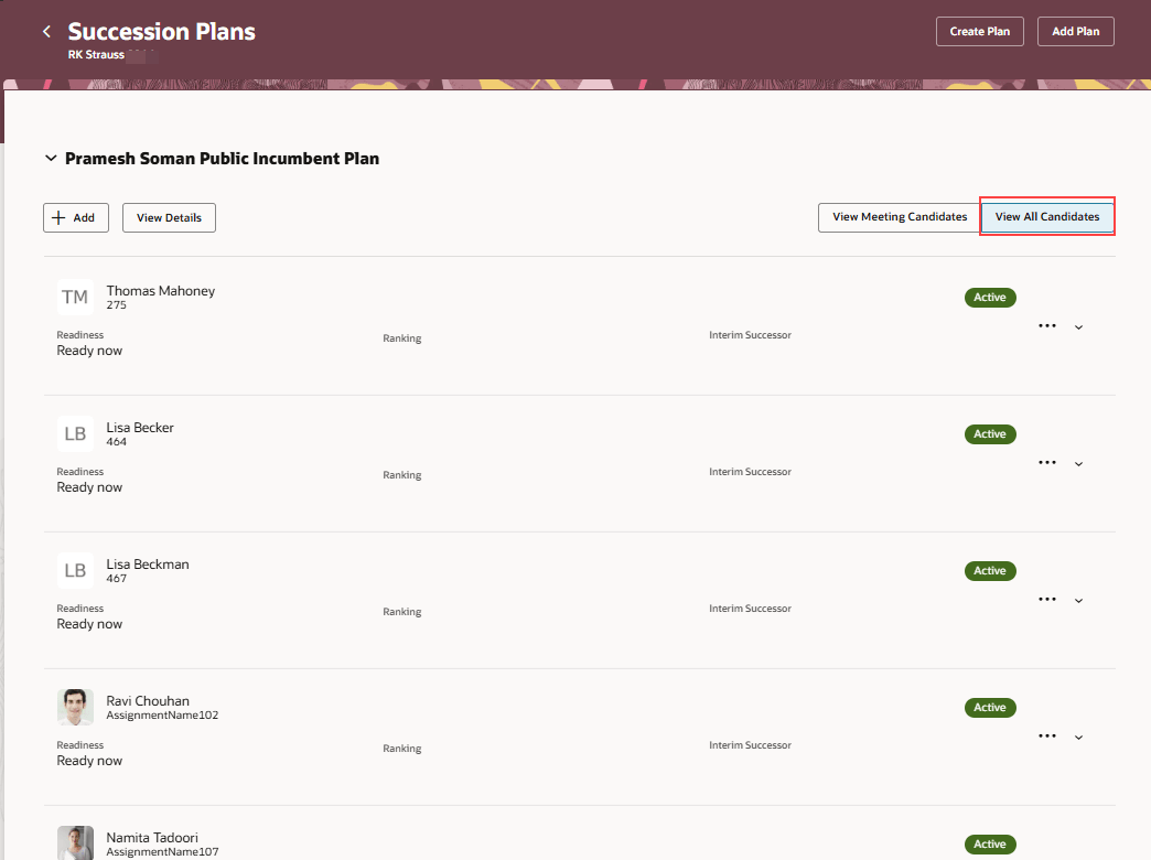 Succession Plans page with the View All Candidates toggle button highlighted