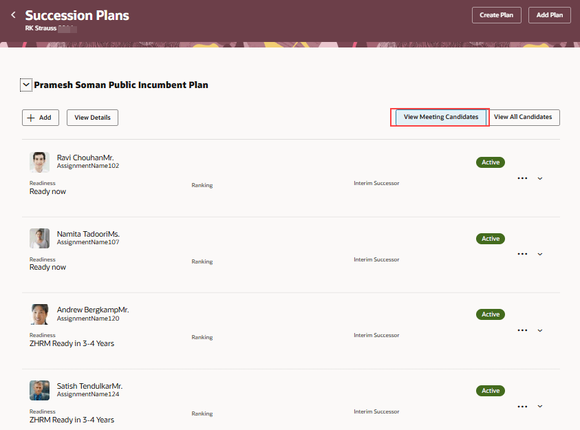 Succession Plans page with the View Meeting Candidates toggle button highlighted