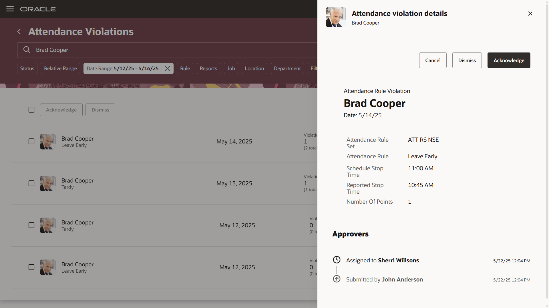 Attendance Violation Details Drawer for an Attendance Violation Not Reviewed, with Action Buttons