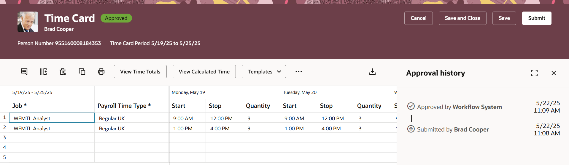  Approval History for a Time Card Being Automatically Approved