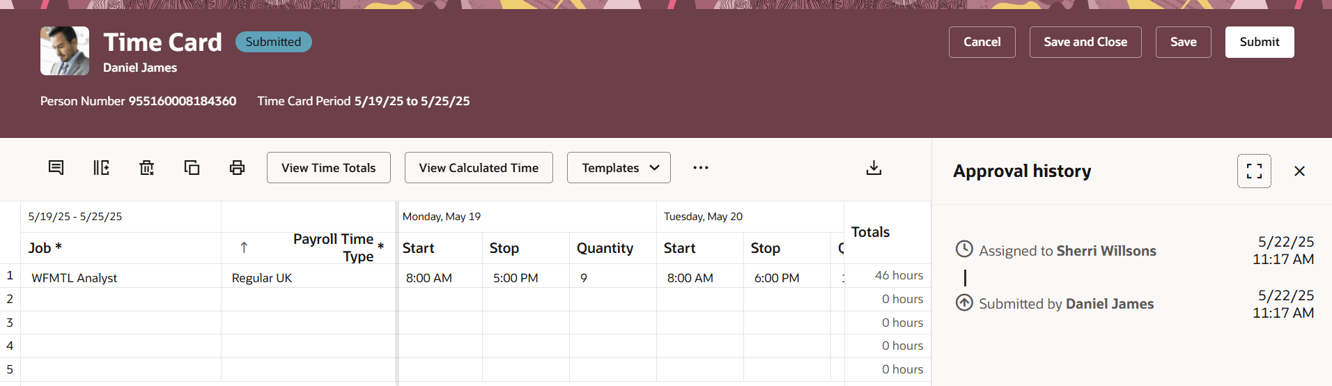  Approval History for a Time Card Submitted for Approval