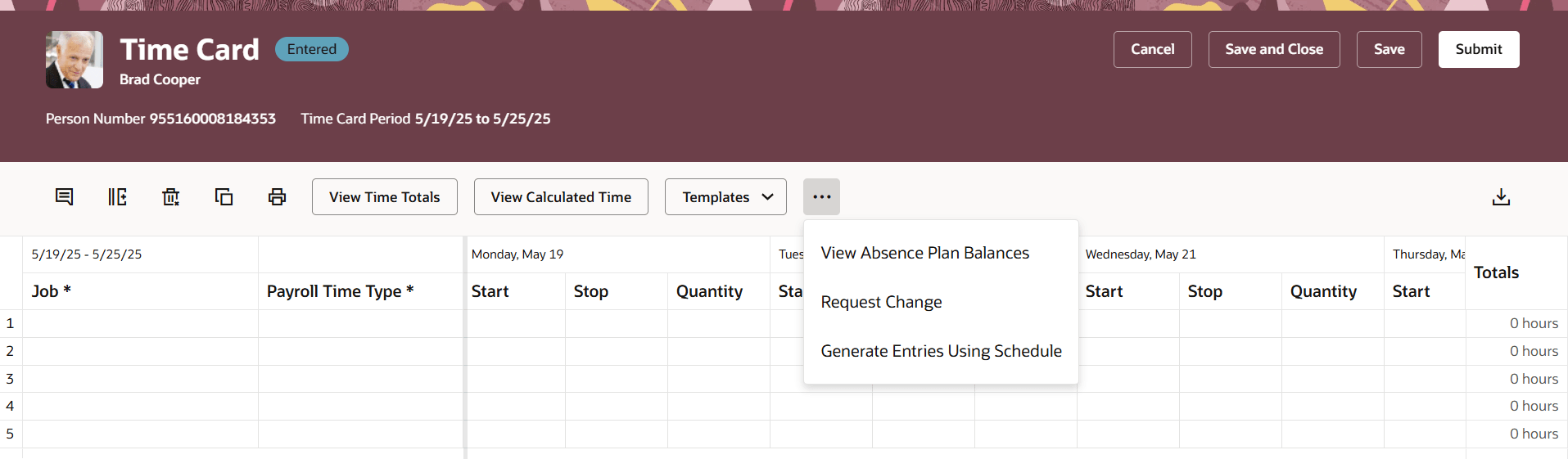 Time Card Actions for the Worker