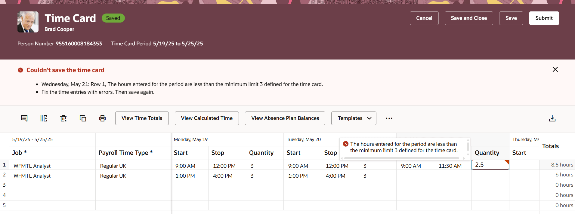 Time Card with Time Entry Errors