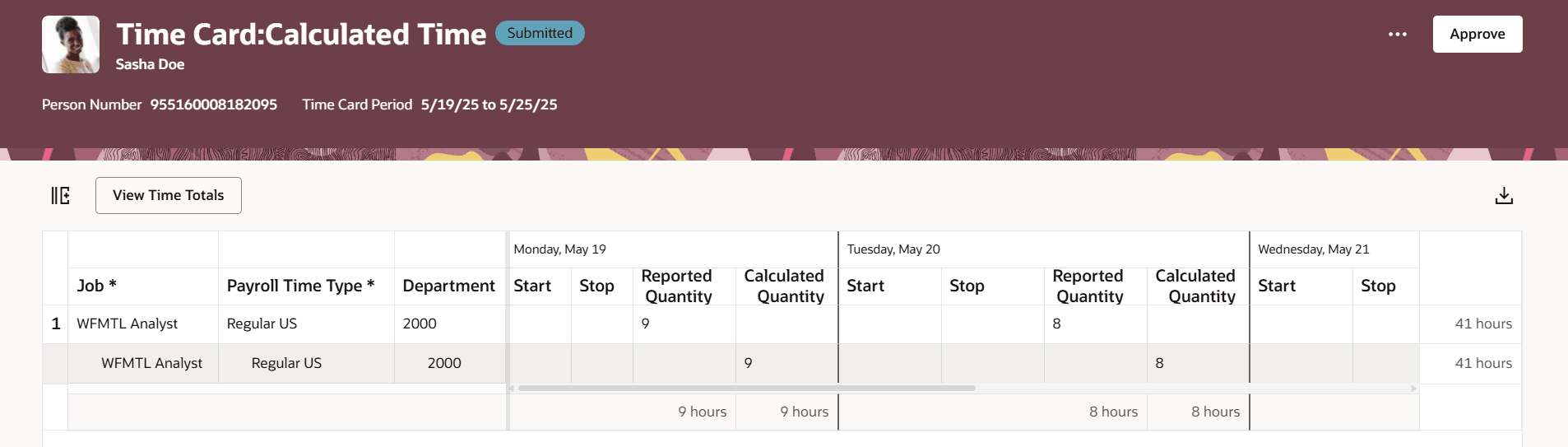 Approve Action from the Calculated Time View