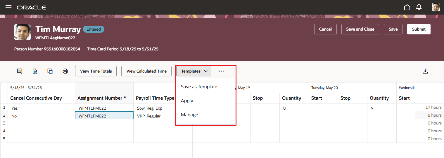 Time Card Showing the Templates Button Menu