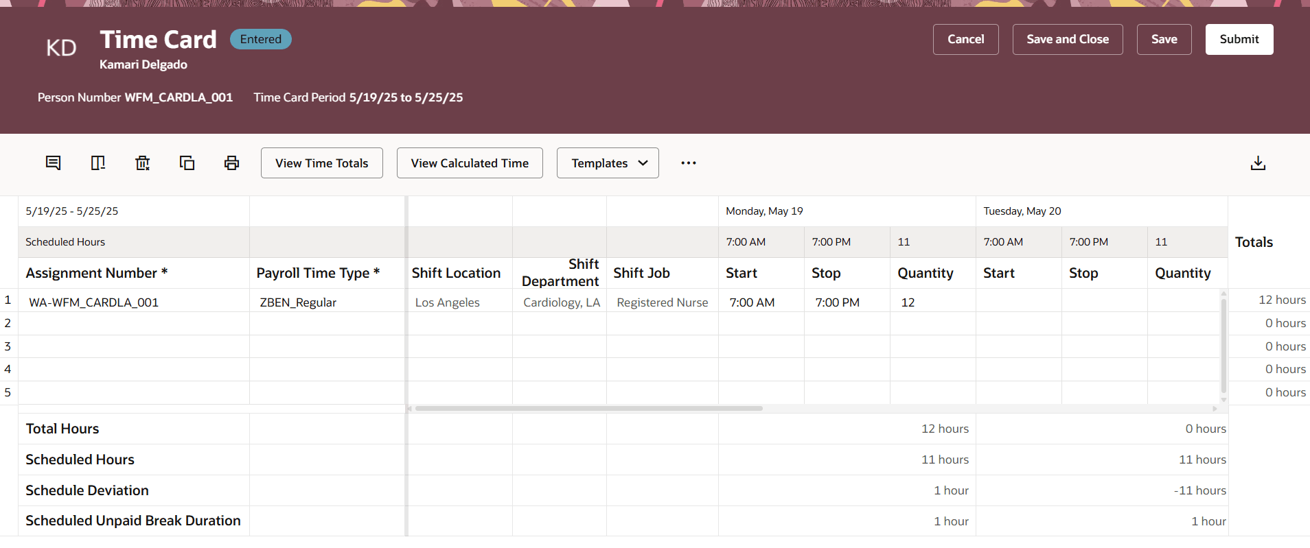 Time Card Generated from the Preceding Time Events Showing the Related Schedule Shift Info