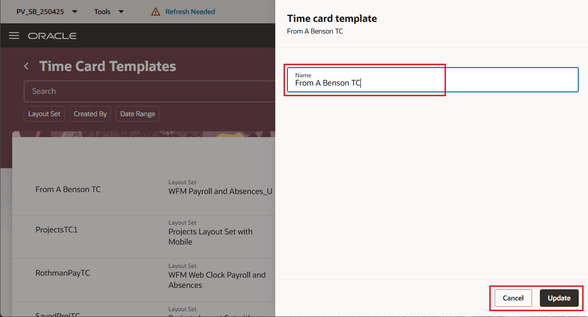Time Card Template Drawer Opened by Clicking the Edit Action
