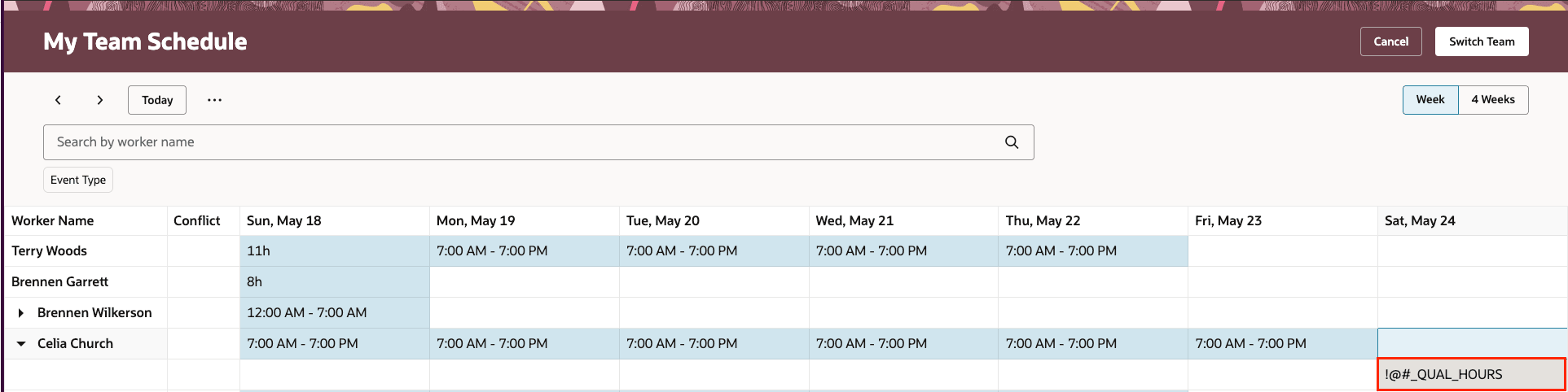 Weekly Redwood Team Schedule Showing an Absence Event with the Absence Type as a title