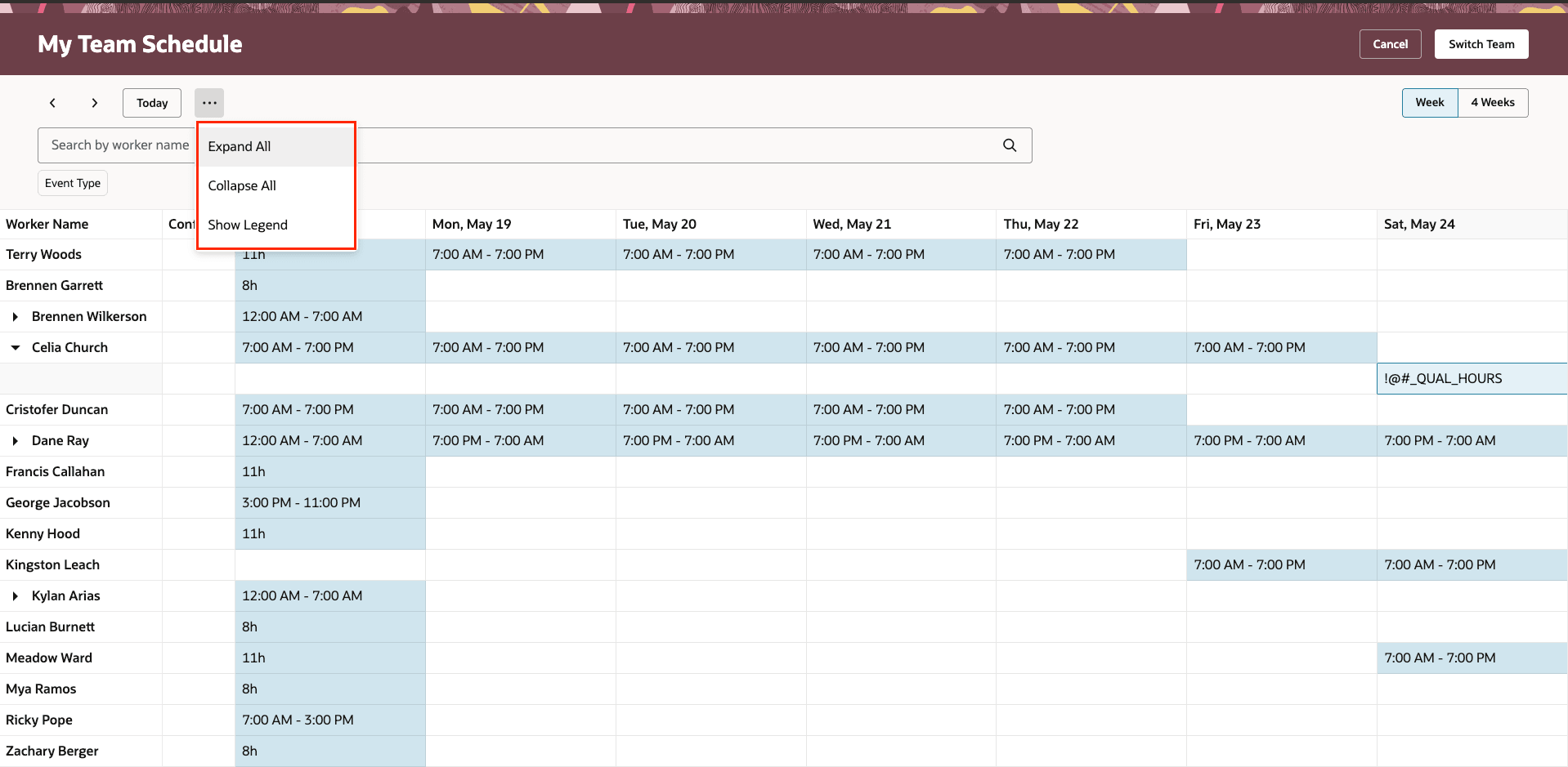 Redwood Team Schedule Showing More Actions