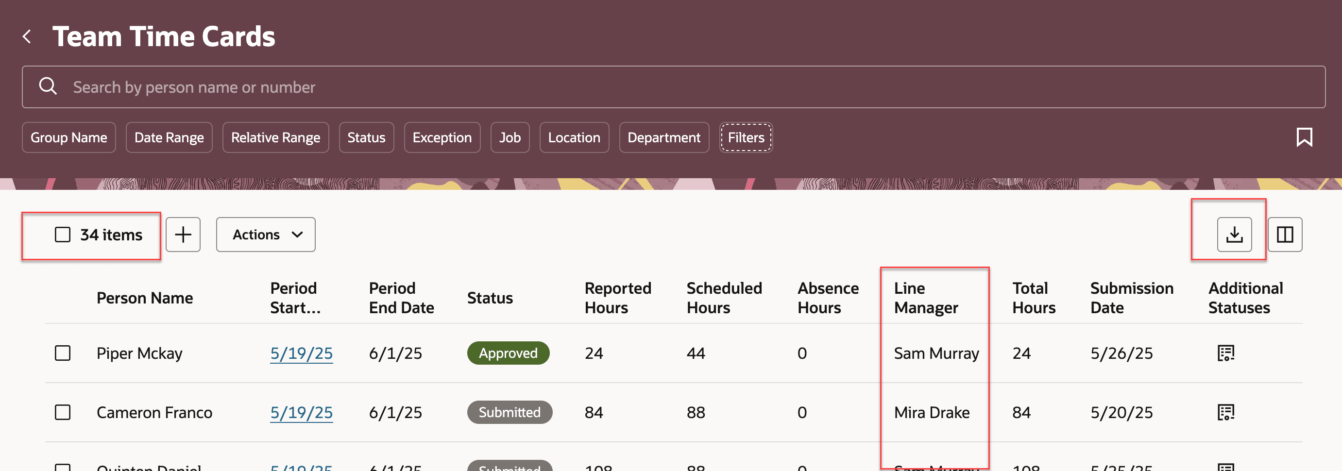 Team Time Cards Page with the New Items Count, Line Manager Column, and Export Icon