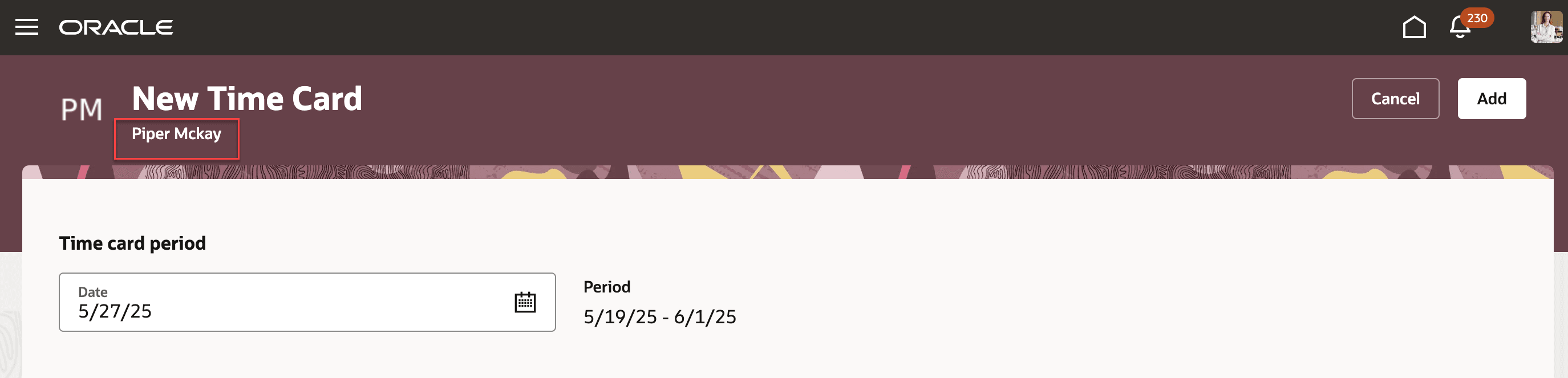 New Time Card Page Opened for the Single Worker Selected on the Team Time Cards Page