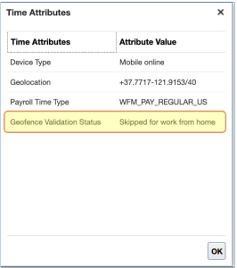 Time Event Attributes Showing that the Worker Selected the Working from Home Option