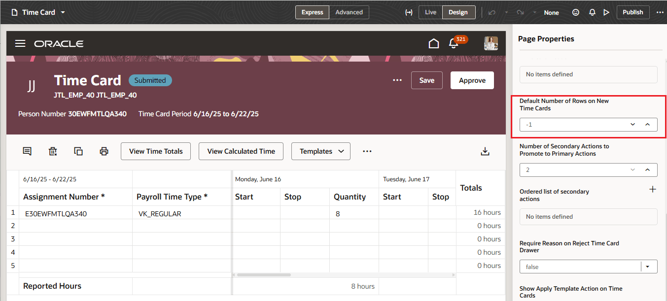 Visual Builder Studio Showing the New Time Card Page Property Constant