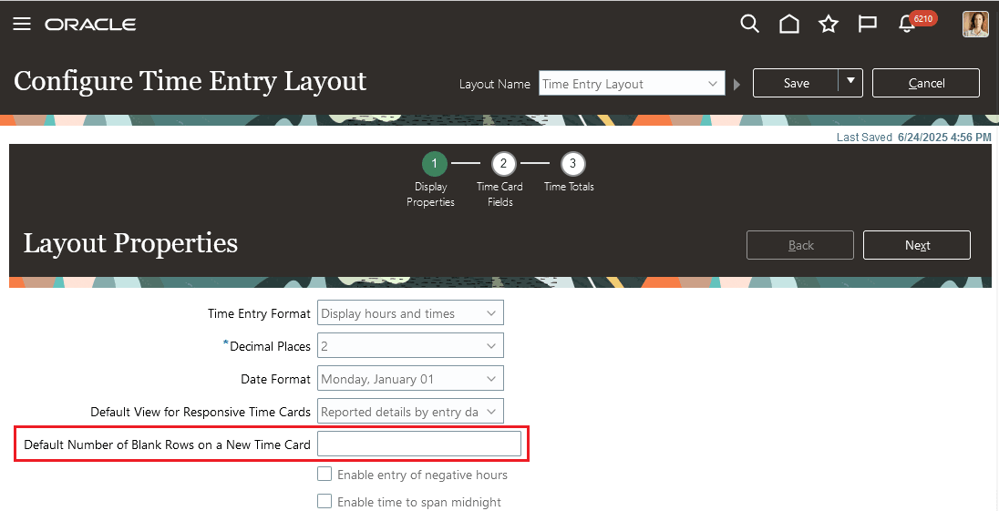 Unified Time Entry Layout Showing the Default Number of Blank Rows on a New Time Card Property